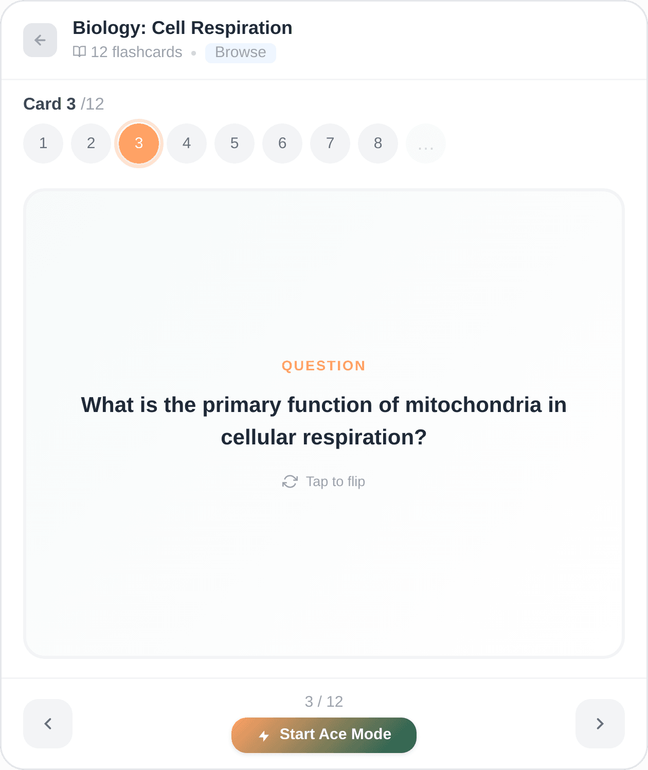 AI Flashcard Generator — browse mode with flashcard, navigation dots, and Ace Mode button